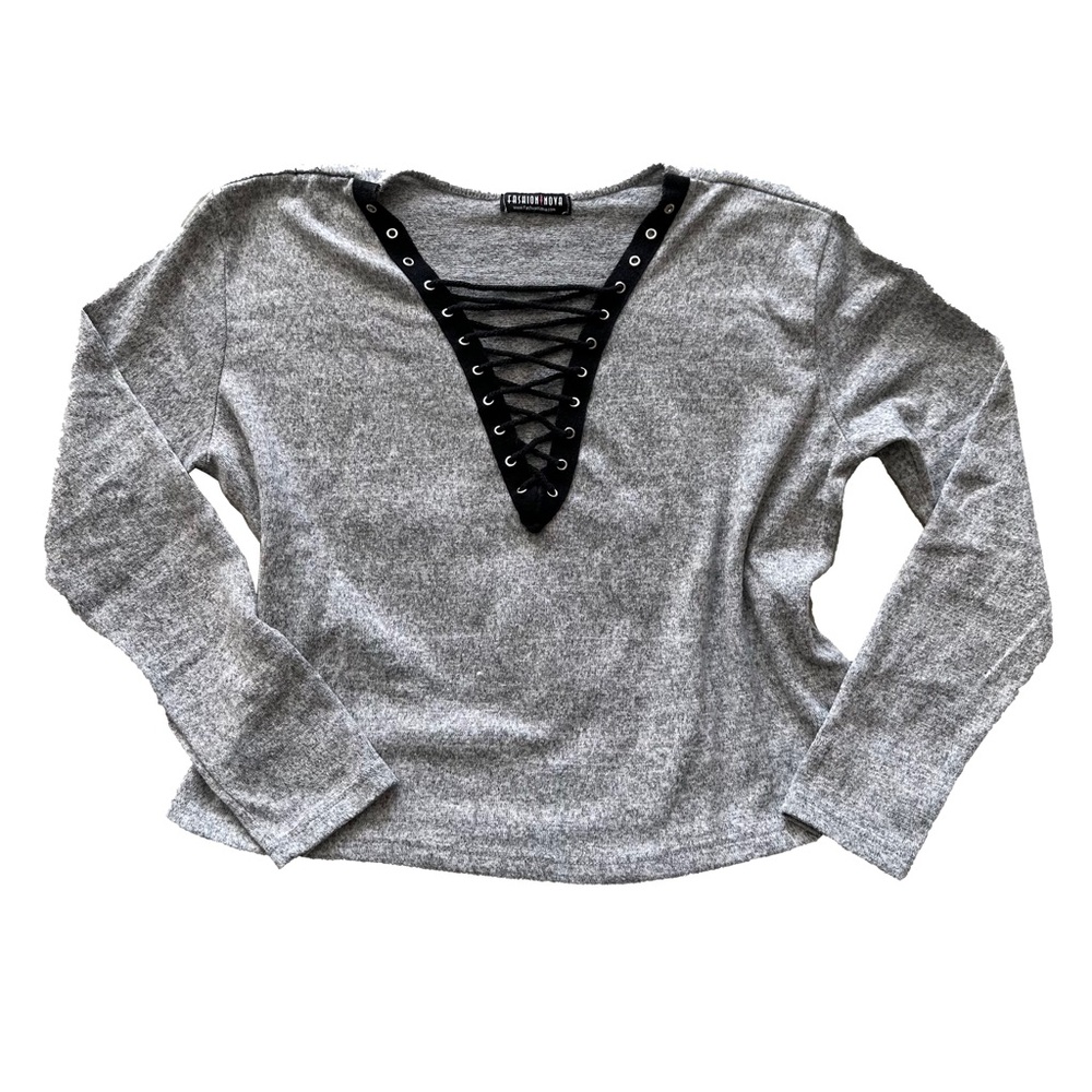 Grey Lace Up Long Sleeve Top